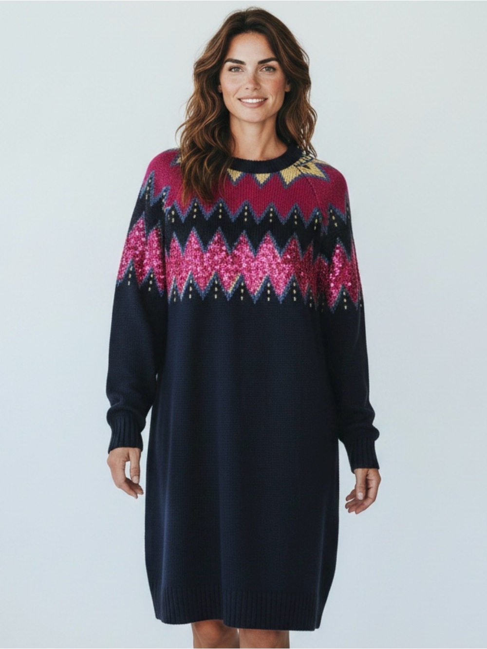 🫶🏻 Solutions Navy Knit Sweater Dress with Pink Chevron Sequin Yoke